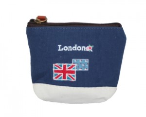 Bestil lille kanvaspung i blå og hvide farver med London logo