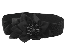 Bredt sort elastikbælte med smuk stofblomst med små sorte perler