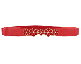 Rødt elastikbælte i smalt design med blomsterspænde