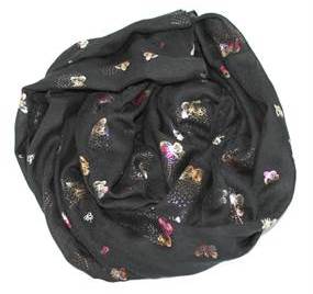 Smukt tørklæde i sort med små sommerfugle i metallook