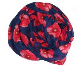 Tørklædei blå med store røde blomster motiver